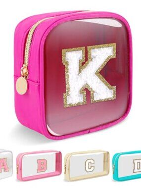 Mini Clear Personalized Initial Makeup Bag Nylon Chenille Letter Patch Cosmetic